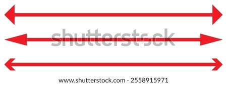 Horizontal red long straight arrow signs. Double horizontal arrow icon. red Browse Horizontal Two Way Arrow Icons. Straight long dual arrow vector icon.