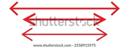 Horizontal red long straight arrow signs. Double horizontal arrow icon. red Browse Horizontal Two Way Arrow Icons. Straight long dual arrow vector icon.