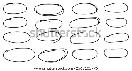 Set of hand drawn doodle ellipses. Scribble ovals and bubbles to circle and highlight text. Collection of different brush drawn black circles.