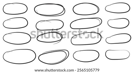 Set of hand drawn doodle ellipses. Scribble ovals and bubbles to circle and highlight text. Collection of different brush drawn black circles.