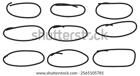 Set of hand drawn doodle ellipses. Scribble ovals and bubbles to circle and highlight text. Collection of different brush drawn black circles.