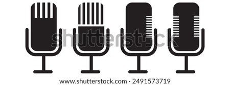 Microphone icon set. audio speech podcast mic vector symbol. thin line microphone pictogram. voice record mike icon in black filled. Vector illustration.