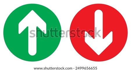 Simple up and down arrows. Upward, downward arrows in green and red isolated on white background, set of two. Vector illustration. EPS 10