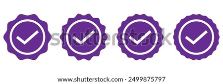 Verification badge icon set. Purple starburst sticker set isolated on white background.