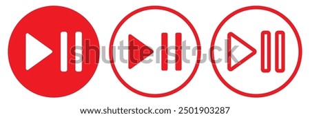 Play pause icon set. Music audio or video start and pause button vector symbol in red filled and outlined style. Vector illustration. EPS 10.