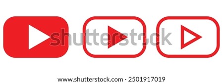 Red YouTube play button, YouTube video and music icon. A triangle within a circle is a media player symbol. Video and audio multimedia reproduction. Isolated vector illustration on white background.