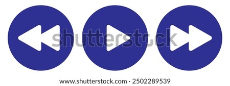 Play button. Blue play and previous or next button icon set isolated on white background.