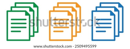 Document icons in different style. Document icons. Different style icons set. Green, orange and blue document icon set. Vector illustration. EPS 10.