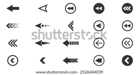 Swipe icon set. Swipe left arrow icons. Arrow buttons for social media. Scroll pictogram. Web icons. Vector illustration.