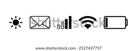 Phone signal WIFI and battery icons. Mobile interface top bar icon set for network signals and telephone charge levels status.