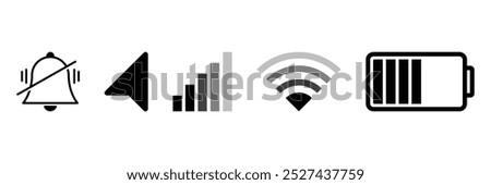 Phone signal WIFI and battery icons. Mobile interface top bar icon set for network signals and telephone charge levels status.