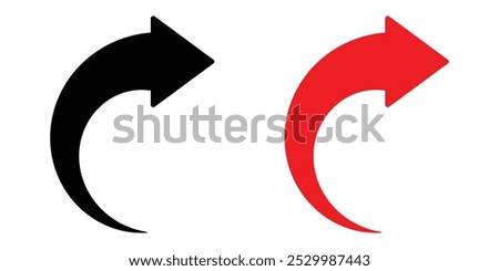 Black arrows set. Curved arrows. Arrow sign. Curved arrow pointing right. Black and red arrow.