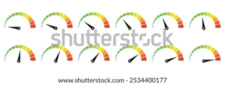 Speedometer, gauge meter icons. Vector scale, level of performance. Speed dial indicator . Green and red, low and high barometers, dashboard with arrows. Infographic of risk, gauge, score progress.