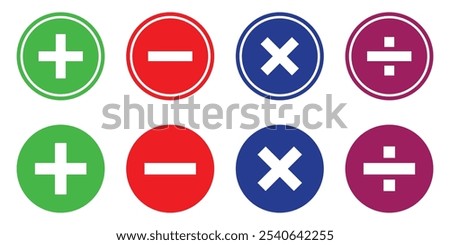 Mathematical and calculation Plus, minus, multiply, divide and equal sign icon design set. Addition, subtraction, multiplication, division, equal sign, icon symbol with stroke line.