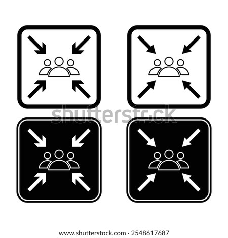 Minimize icon four 4 arrows icon meeting point, rally compact size small scale arrows icons. Set of meeting point. shrink icon resize in arrows. Vector illustration.