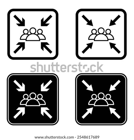 Minimize icon four 4 arrows icon meeting point, rally compact size small scale arrows icons. Set of meeting point. shrink icon resize in arrows. Vector illustration.