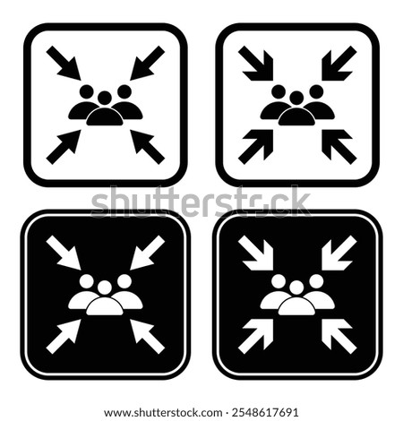 Minimize icon four 4 arrows icon meeting point, rally compact size small scale arrows icons. Set of meeting point. shrink icon resize in arrows. Vector illustration.