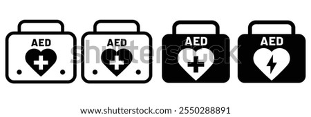 AED icon. AED emergency defibrillator icon sign symbol. First aid Automated external defibrillator.