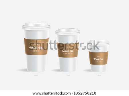 3 White coffee cups mockup with brown holder on grey background. Cups of different size. Mock up. Mock-up. Coffee away. Coffee to go. Vector branding illustration.