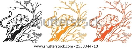 A leopard crouched low on a tree branch, with its tail curled around and detailed spots across its body. Sharp claws grip the branch. Black line art.