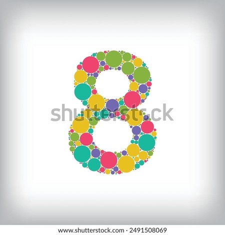 Number 8 made of creative colored dots or filled with circles. Creative fonts with unique Numbers and symbols. Vector illustration.