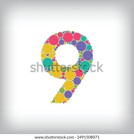 Number 9 made of creative colored dots or filled with circles. Creative fonts with unique Numbers and symbols. Vector illustration.