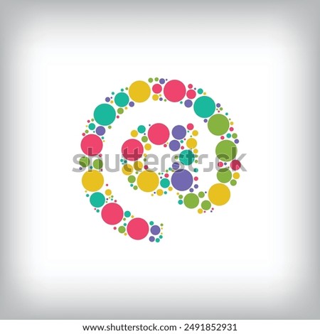 Letter at sign made of creative colored dots or filled with circles. Creative fonts with unique symbols. Vector illustration.