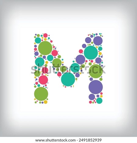 Letter M made of creative colored dots or filled with circles. Creative fonts with unique symbols. Vector illustration.