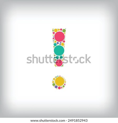 Letter Exclamation mark made of creative colored dots or filled with circles. Creative fonts with unique symbols. Vector illustration.