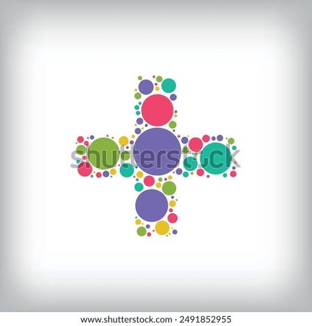 Letter plus sign made of creative colored dots or filled with circles. Creative fonts with unique symbols. Vector illustration.