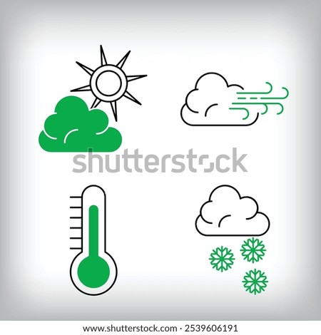 Thermostat, cloudy windy and snowy precipitation icon set. Different linear weather designs.