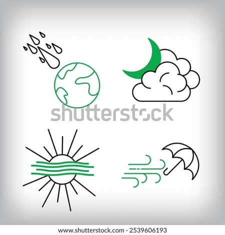 Meteor, heat wave, cloudy moon and windy icon set. Different linear weather designs.