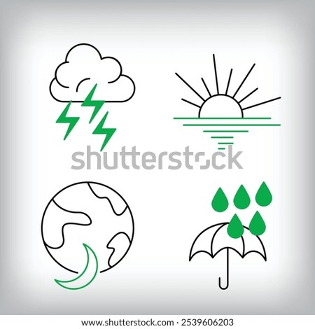 Lightning, showers and lightning icon set. Different linear weather designs.