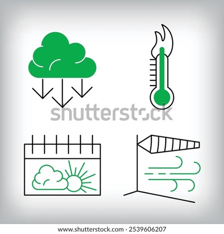 Low air pressure, extreme temperatures, calendar and wind rose icon set. Different linear weather designs.