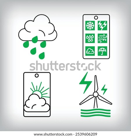 Application, wind rose and showers weather icon set. Different linear weather designs.