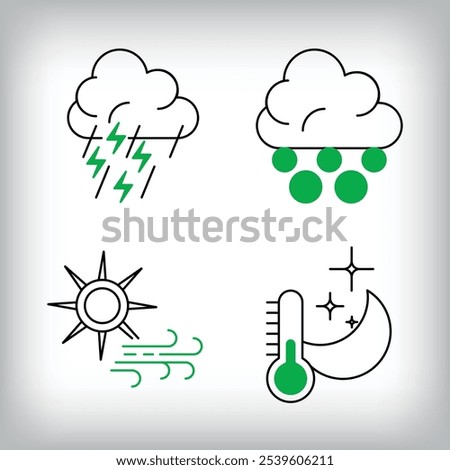 Lightning hail, windy sun and night cold icon set. Different linear weather designs.