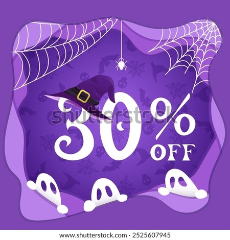 Halloween 30 % offer, thirty percent, witch hat, Halloween elements on purple background, ghosts, webs, spiders, paper cut style