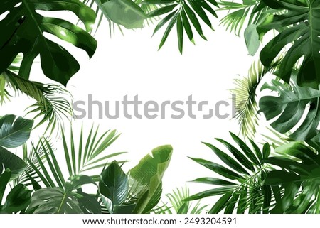 Lush Tropical Leaves Border with White Center. Vector illustration design.