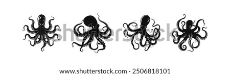 Octopus Silhouette Illustrations in Various Poses. Vector icon design.