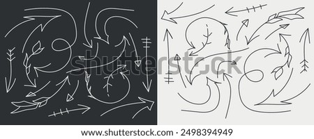 Set of hand draw arrows. Two variant dark and light background. Pattern with doodle art. Vector illustrations.