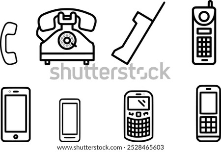 Rotary Phone, Landline, Cordless Phone, Brick Cellphone, Flip Phone, QWERTY Phone, Smartphone Icons: Telecommunication Evolution in a Comprehensive Vector Icon Bundle