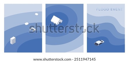 Vector illustration of a flooded house, house, car, furniture showing flooding icons. natural flood disaster icon