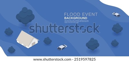 Vector illustration of a flooded house, house, car, furniture showing flooding icons. natural flood disaster icon