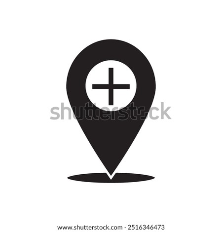 hospital location map pointer, cross icon with location pin, black filled symbol isolated on white background, vector marker, first aid sign