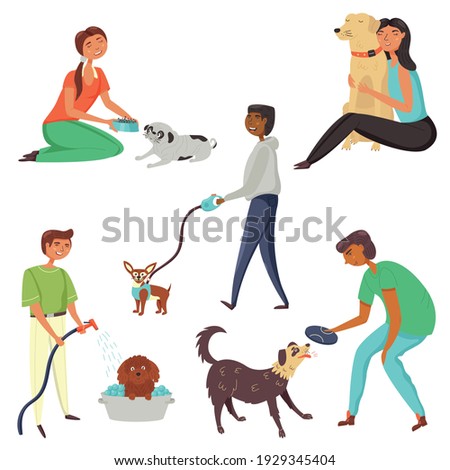 Happy Pet Owners Set. People walk their dogs, wash, groom, hug, play with pets in the fresh air. Bundle of vector illustrations