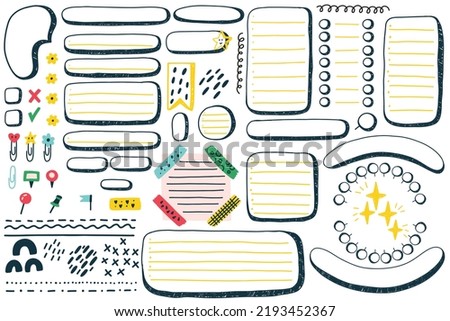 Doodle set scrapbook decor vector element. Notebook sheets, Chore Charts with paperclip, sticky tape, frames, icons. Notepad page kids daily planner for to do list, bullet journal