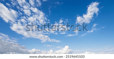 Similar – Image, Stock Photo Blue sky and clouds as peaceful idyllic cloudscape with two distant birds flying high. Freedom concept. Beautiful blue sky backgrounds with clouds highlighted with sunset light.