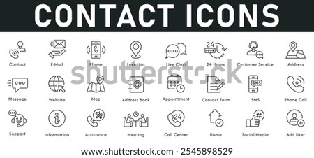 Contact Icons vector illustration with thin line editable stroke containing e mail phone location live chat 24 hours customer service address message website map appointment SMS phone call