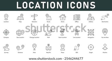 Location Icons vector illustration with thin line editable stroke containing map direction route address destination compass path navigation target position GPS distance map pin journey