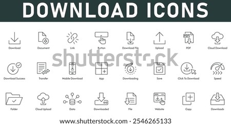 Download Icons vector illustration with thin line editable stroke containing document link files cloud download transfer speed folder upload data button success mobile download app click